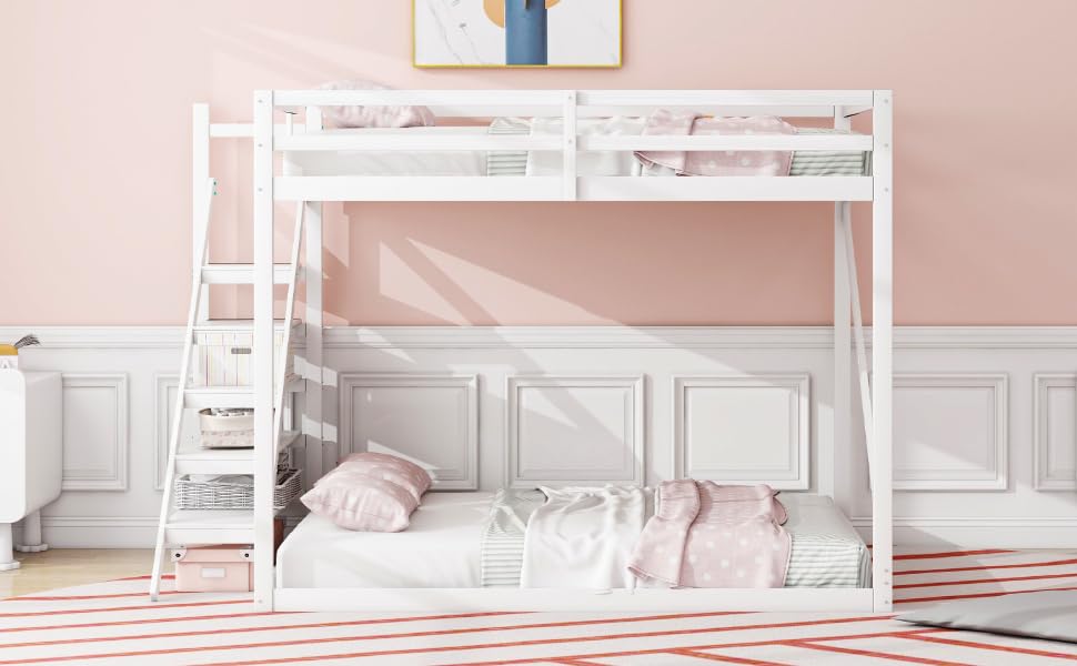 cama alta 140x200 de madera maciza con barandilla alta y somier de lamas, escalera con espacio de almacenaje, diseño litera tipo loft, cama juvenil, sin colchón, para dormitorio juvenil completo