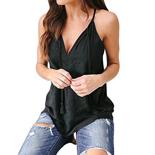 LANSKIRT_Blusa Camisas Mujer Fiesta Mujer de Vestir Chaleco de Encaje sin Mangas Camisa de Color Liso Tops de Encaje Blusa con Cuello de Pico Camisas para Mujeres Verano Top