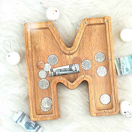 Image of Piggy Bank for Kids Boys Girls, Large Personalized Wooden Letter Piggy Bank with Cut-Out Design, Alphabet Letter Coin Banks, Money Savings Box, Wooden Bank for Kids Creative Gift for Real-Money(M)