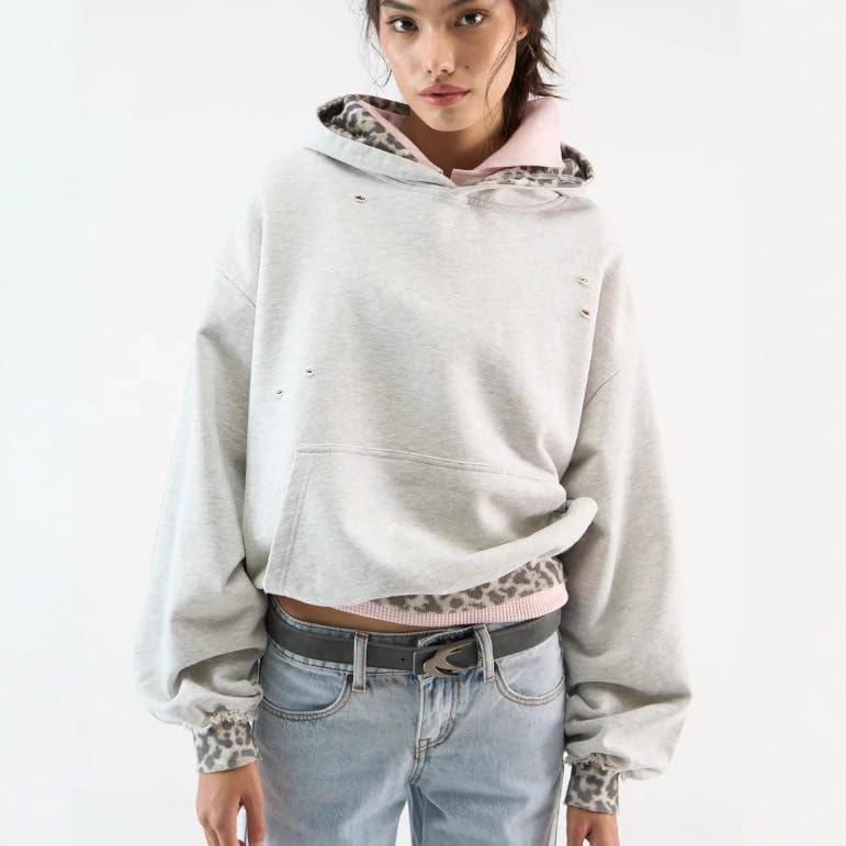 Obenie men's fake two-piece spliced oversized hooded sweatshirt Y2K long sleeved pullover sweatshirt