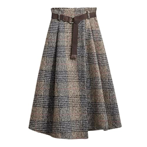 chouyatou Women's Vintage Plaid Wool Blend Midi Skirt Houndstooth A Line Wool Long Skirt with Belt