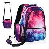 E-Clover Backpacks for Girls Kids Elementary School Bag Kindergarten Backpack Water Resistant Bookbag with Removable Shoulder Bag Galaxy Purple Pink