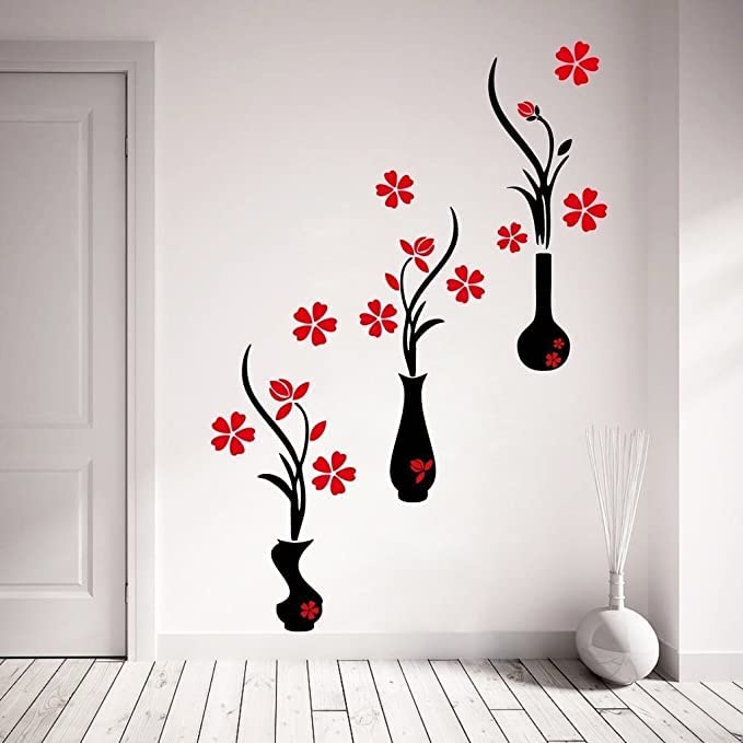 Sponsored Ad - Decals Creations Beautiful Flower Pot Wall Sticker for Bedroom, Living Room, Dressing Room, Sheet-23x23-inch, WallCovering- 90x30cm (Black)-Set of 1 (Multi)