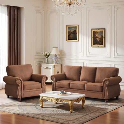 Image of Couchus Living Room Furniture Sets,Sofa Sets and Couch Sets for Living Room,Mid-Century Vintage Sofa Couches with Rivet Design (Caramel Rust, 2 Single+3 Seater)