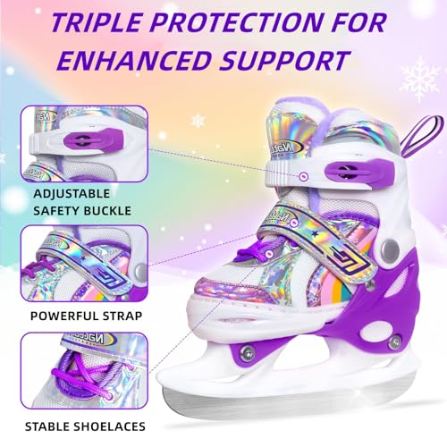 Nattork Adjustable Ice Skates for Girls Kids, Rainbow Beginner Ice Hockey Skates for Outdoor and Rink, 4 Sizes Adjustable, Soft and Comfortable Lining Ice Skating Shoes, Ages 3-12 by BASYNOL - Image 2