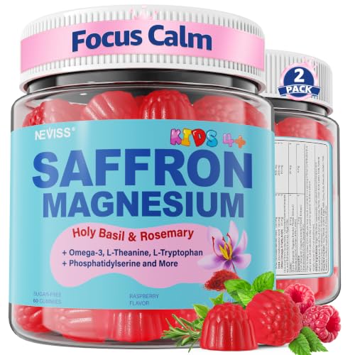 NEVISS Saffron + Magnesium Glycinate + Omega-3 Calm Focus Gummies for Kids Teens, 60 Count (Pack of 2)