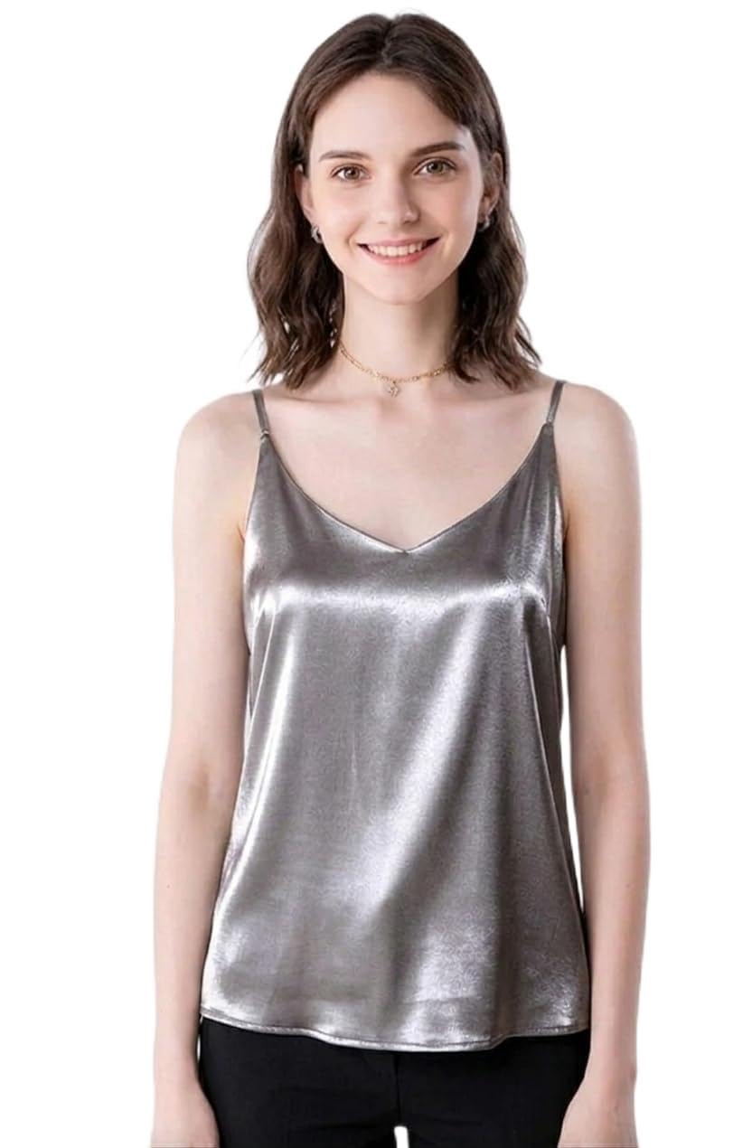 tishani Women's Satin Camisole Top, V-Neck Spaghetti Strap, Lightweight Flowy Sleeveless Design, Silver Grey-picture-31