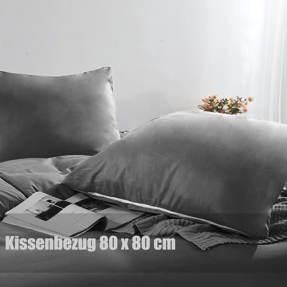 Soifox Parure de lit 220 x 240 cm, anthracite doux et agréable, housse de couette 220 x 240 cm avec taie d'oreiller 80 x 80 cm, lot de 2 parures d'hiver avec fermeture éclair.