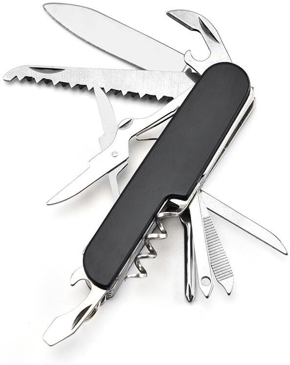 Cuchillo de bolsillo multifunción 11 en 1, estilo suizo de acero inoxidable, cuchillo de bolsillo multiherramienta, al aire libre, plegable (negro)