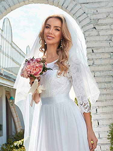 Image of Ever-Pretty Women's Round Neck Lace 3 /4 Sleeves Floor Length A Line Wedding Dress 07412-PH