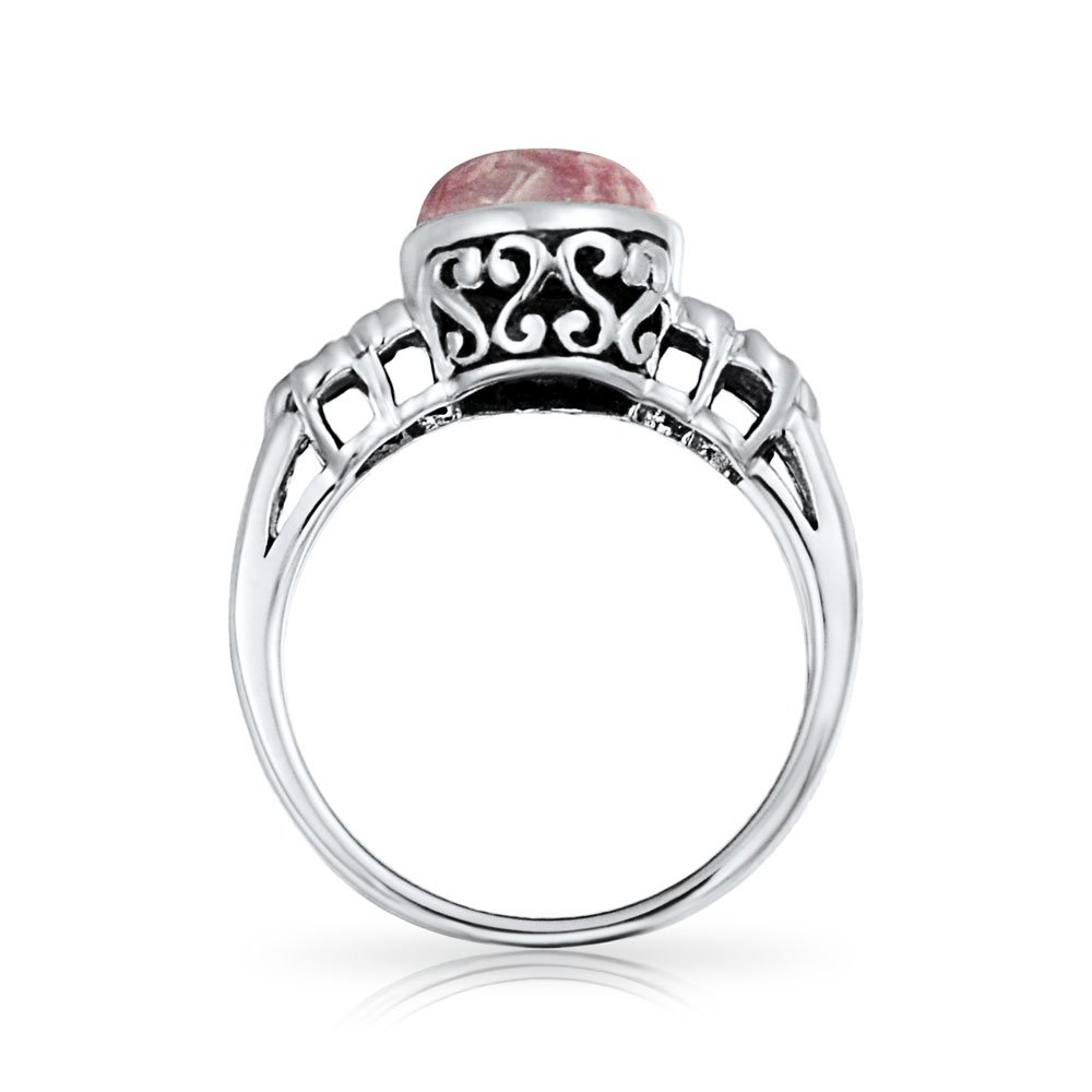 Bling Jewelry Anillo de moda bohemia con bisel de flor gema ovalada de rodonita rosa para mujer y adolescente banda de plata esterlina .925
