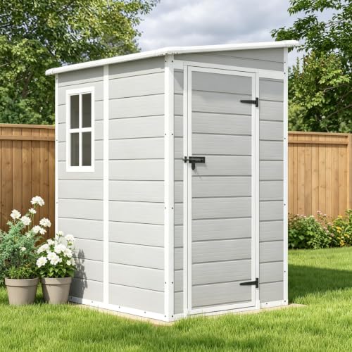 Image of Patiowell 5 x 4 FT Plastic Outdoor Storage Shed with Floor, Resin Outside Sheds with Window, Garden Tool Shed with Lockable Door for Patio Storage, Backyard, Light Gray