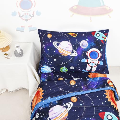 Image of SWESEN Toddler Bedding Set for Boys, Blue Space Toddler Boy Bedding Set, Soft & Lightweight 4 Piece Toddler Comforter Sets Include Comforter, Flat Sheet, Fitted Sheet, Pillowcase