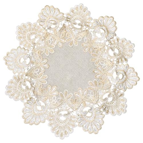 URROMA Mantel redondo de lino, color beige y blanco con ribete de encaje bordado, mantel de comedor, decoración de mesa para comedor y cocina (40 x 40 cm)