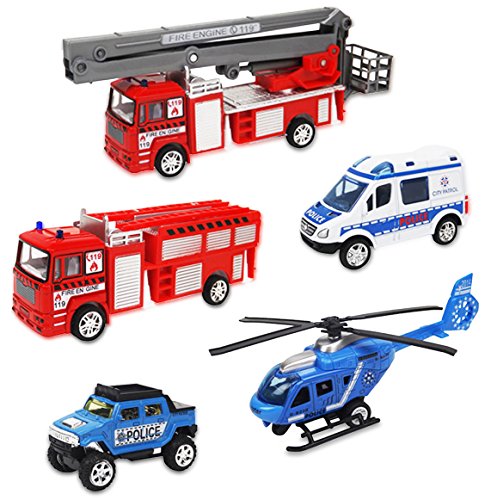 Liberty Imports Set of 5 Rescue Diecast Police Firetruck Pullback Vehicles Playset (1:64 Scale)