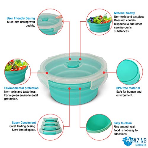 Silicone Collapsible Food Storage Container With Airtight Lid And Air Vent 4 Pack Foldable Meal Prep Round Lunch Box For Kitchen,Stackable, Space Saving,Microwave,Dishwasher And Freezer Safe (Blue) #TOP1