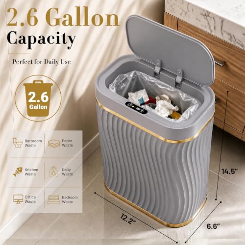 Image of Ogikey Bathroom Small Trash Can with Automatic Touchless Lid, 2.6 Gallon Smart Garbage Can Narrow Waterproof Trash Bin for Bedroom, Office, Living Room (2.6 Gallon-Grey)
