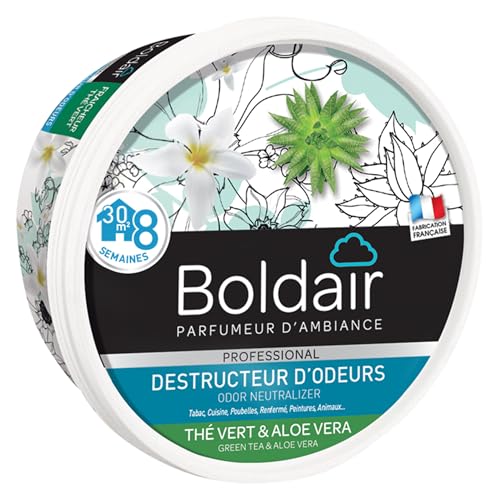 BOLDAIR - Odour Destroyer BOLDAIR - Destructeur d'Odeurs en Gel Thé Vert/Aloe Vera - Neutralise les Mauvaises Odeurs & Parfume l'Air - Made in France - Boîte Diffuseuse 300 gin Green Tea/Aloe Vera Gel