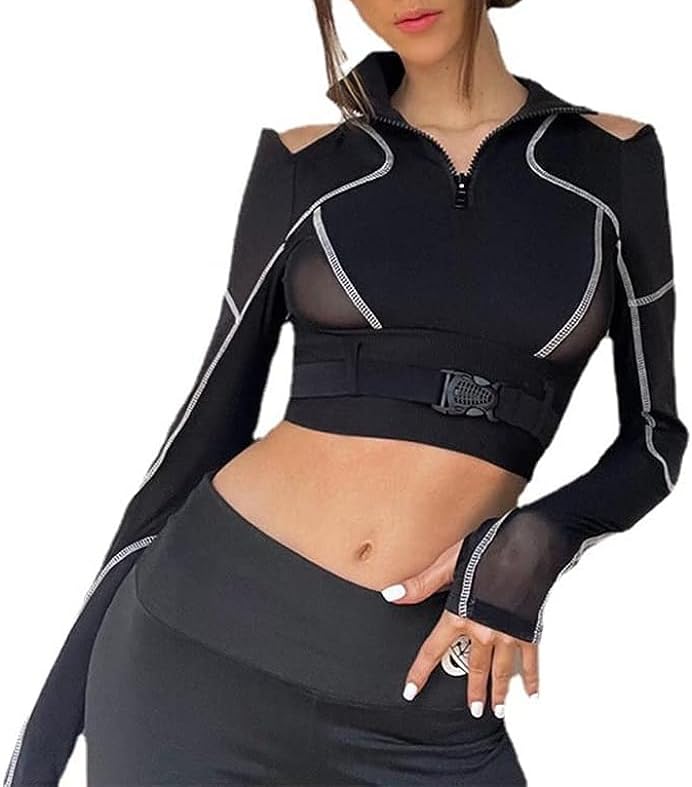 Women Crop Tops Goth Black Polo Shirts Asymmetrical Punk Grunge Ladies y2k Clothes