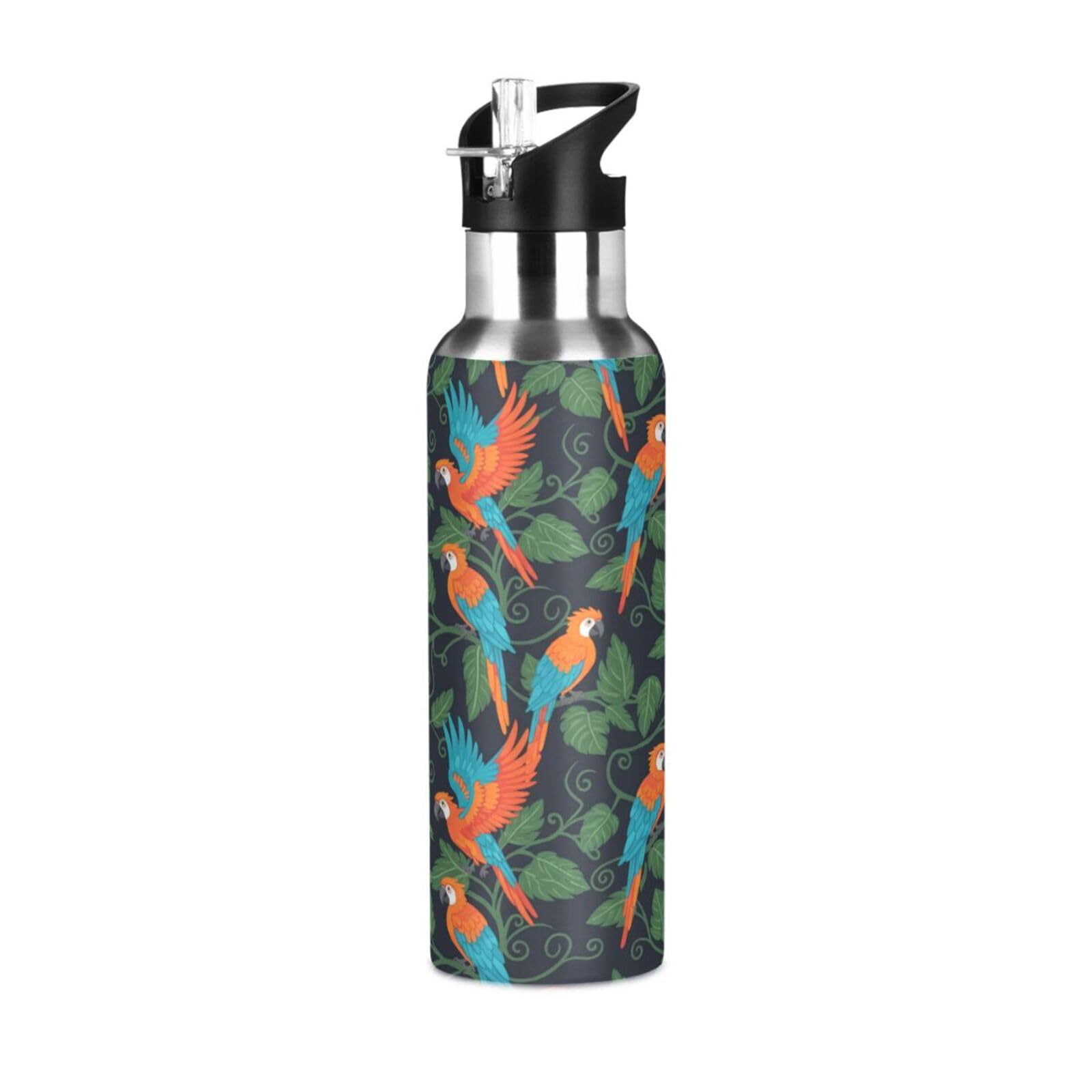 BOESI Parrot Vine Pattern Insulated Water Bottle 600ml, Stainless Steel Vacuum Sports Bottle with Straw, Leak Proof Thermal Bottle for Gym Travel Outdoor