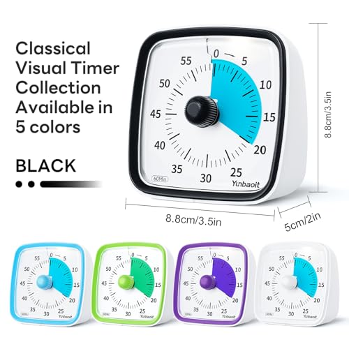 Image of Yunbaoit Visual Timer with Night Light, 60-Minute Countdown Timer for Kids and Adults, Silent Classroom Timer, Time Management Tool for Home, School, or Work (Dark Black)