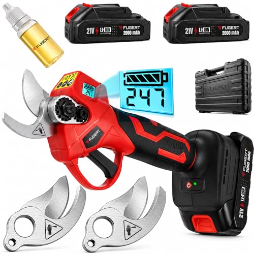 FUGERT Akku Astschere 30 mm mit 2 Akkus 2 Ah Bürstenloser Motor Elektrische Gartenschere Bypass LED-Schnittzähler Baumschere für Garten & Obstbäume Leichte Gartenschere mit Koffer