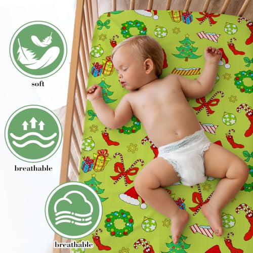 Image of Vitalcozy 4 Pcs Green Christmas Crib Sheet for Standard Nursery Decor