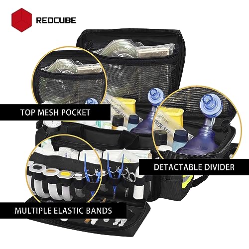 Image of REDCUBE Emergency Bag,First Aid Bags Empty,Professional Emergency Responder Trauma Bag Medical Bag with Multiple Compartment Kit Carrier for EMT, EMS, Paramedics(Black)(Bag only)