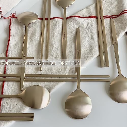 Cozymomdeco Korean Made Traditional Utensil Flatware Luminous Gold Brassware Spoon & Chopsticks 5 Set With Furoshiki Wrapping #TOP1