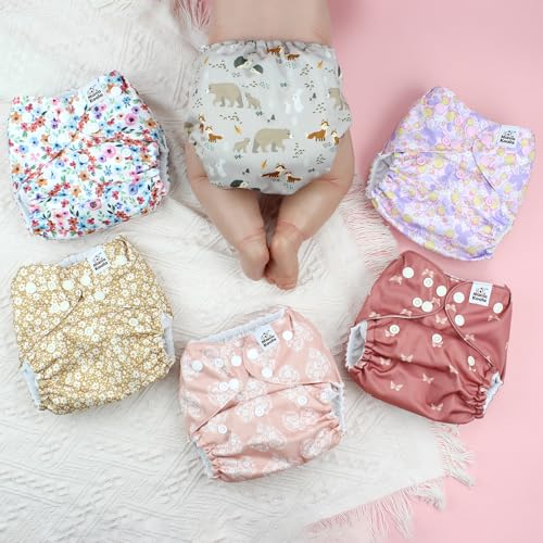 Mama Koala 3.0 Pocket Cloth Diapers for Babies with AWJ Lining, 6 Pack with 6 5-Layer Natural Cloth Diaper Inserts - Reusable and Washable Pocket Diapers(A-Wild Flowers)