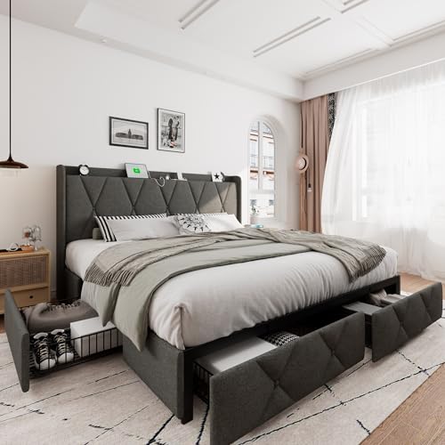 iPormis King Size Bed Frame with 4 Storage Drawers, Upholstered