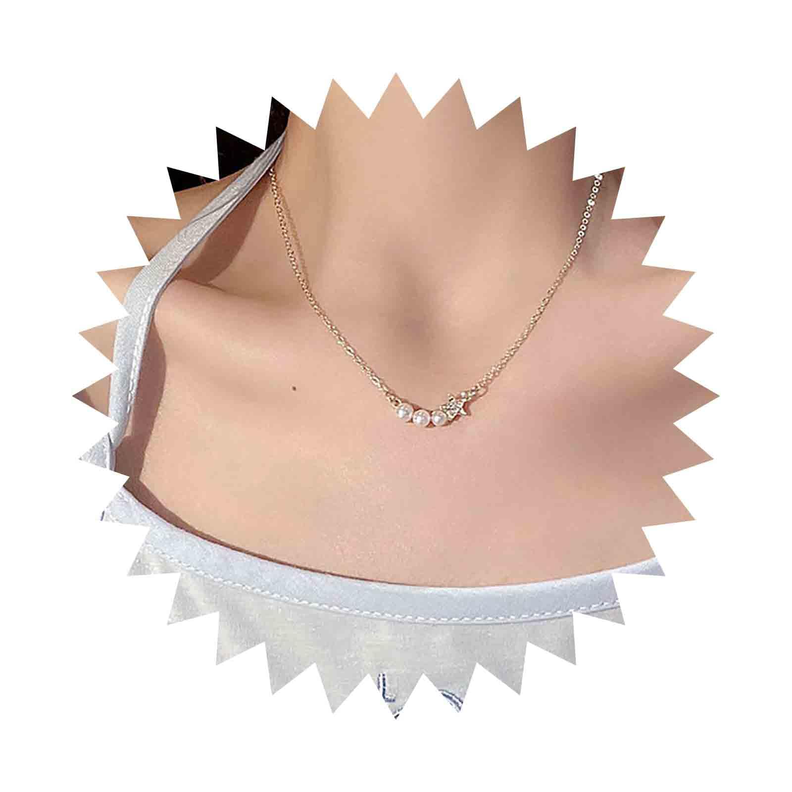 VacaonioBoho Pearl Beads Necklace Chain Gold CZ Star Choker Necklace Star Pearl Pendant Necklace Pearl Bead Chain Necklace Minimalist Gold Necklace Jewelry for Women