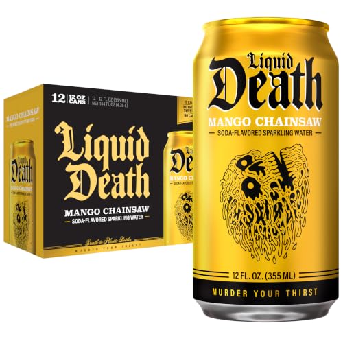 Liquid Death Soda-Flavored Sparkling Water - Mango Chainsaw (Mango Orange), Less Sugar*, Huge Flavor, No Caffeine, No Artificial Sweeteners, 12 Fl Oz (Pack of 12)