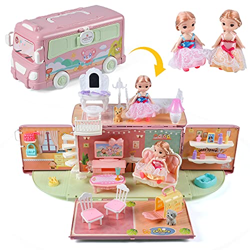 AvoKlan Dollhouse Portable Playset , DIY Camper Bus Toy Kit, Travel Bus Dream Houses Gift Set with Two Dolls and Lights,Exquisite Bedroom + Storage Car Tiny House for Girl Boys Kids