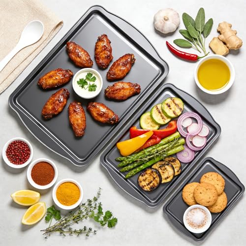 Gymdin Baking Sheet Set of 3 - Carbon Steel Cookie Sheet for Baking, 17/15/13 Inch, Nonstick Baking Pan with Dual Handles, Stackable, Rust & Warp Resistant, Perfect for Baking, Roasting, and More - image 4