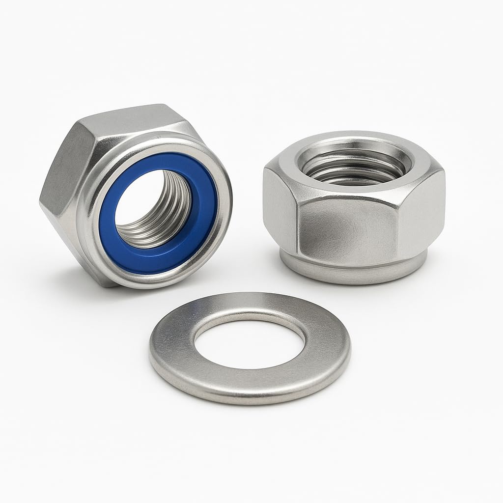 NOLDAR | Selbstsichernde Sechskantmuttern DIN 985 + Unterlegscheiben DIN 125. Edelstahl AISI 304 (A2). M16 (6 Muttern + 6 Unterlegscheiben)
