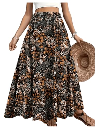 GORGLITTER Women's Plus Size Floral Boho Maxi Skirt Elastic High Waisted Ruffle A Line Flowy Renaissance Skirts
