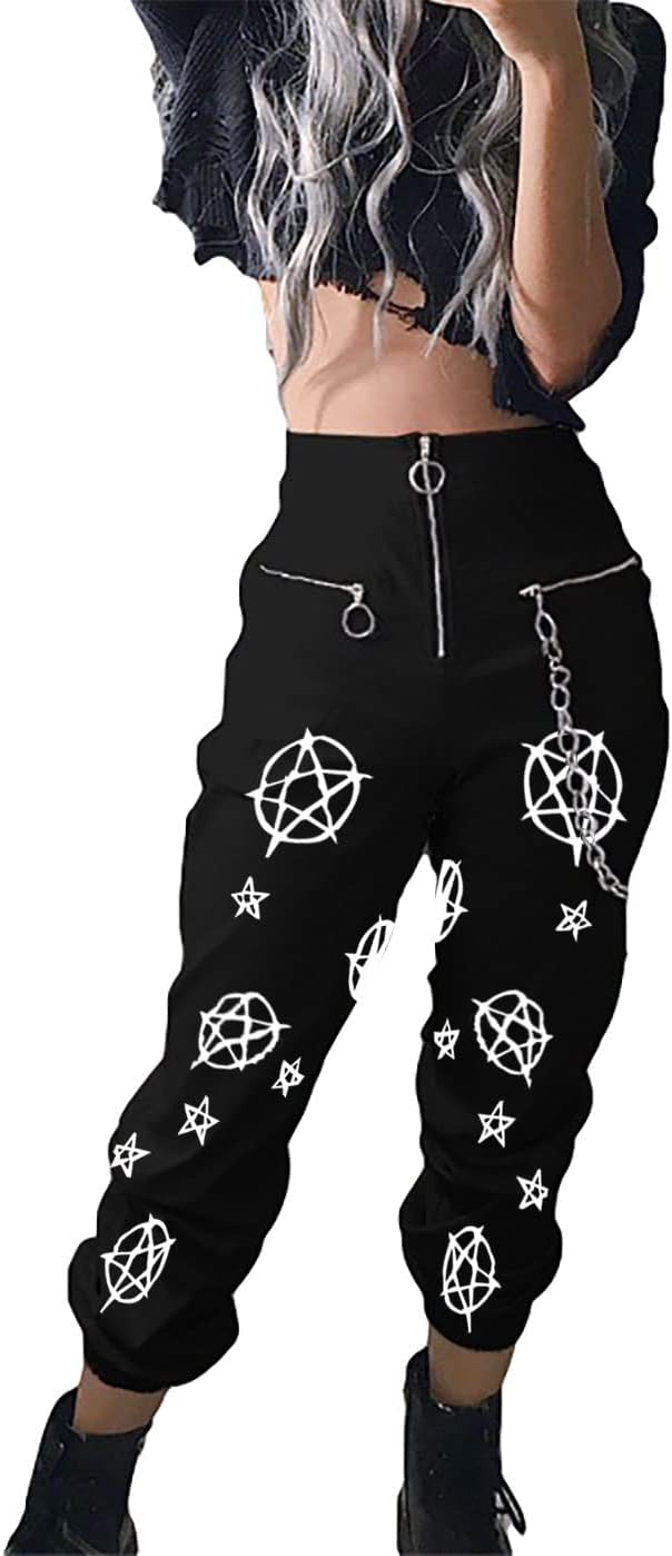 Gothic Harajuku Graphic Pants Zipper Chain Harem Trousers Plus Size High Waist Casual Pants
