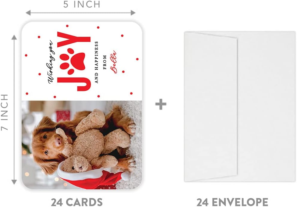 Andaz Press Personalized Pet Holiday Cards with Envelopes, Joy & Happiness 5"x7" Christmas Cards with Custom Photo Pet Portrait, Cat, Dog Christmas Cards Christmas Photo Frame Greeting Cards, 24-Pack