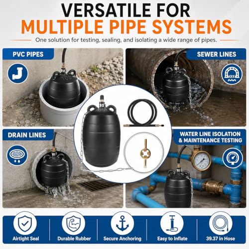 Image of Inflatable Pipe Test Plug, with 39.37 Inches Quick-Install Rubber Extension Hose and Anti-Fall Iron Ring, Rubber Plumbing Balloon (4 inch)