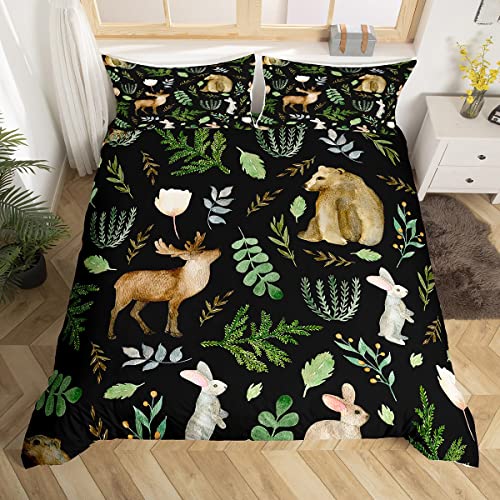 Watercolor Wild Animal Comforter Cover King Size,Deer Bear and Rabbit Print Bedding Set for Modern Room,White Flowers Green Leaves Plant Duvet Cover Set including 2 Pillowcases