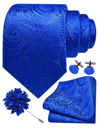 Image of GUSLESON Paisley Tie Set for Men 3.15 inch Necktie Lapel Pin Hankerchief Cufflinks Set for Men