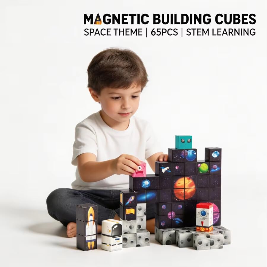 Image of Magnetic Building Blocks for Kids, 3D Magnetic Tiles Construction Set, STEM Educational Learning Toy, Creative Building & Pretend Play Toy for Boys & Girls 3+ Years (102 PCS Space Theme Magnetic Cube)
