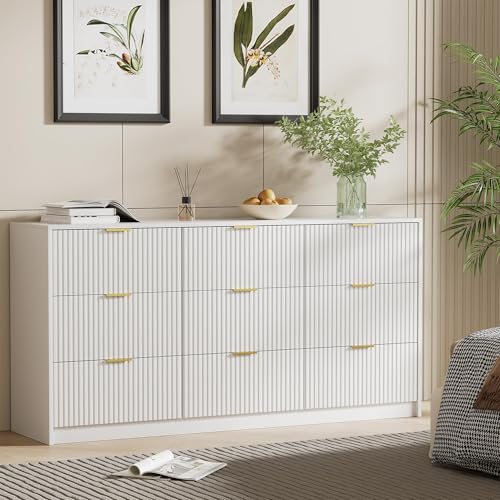 Image of Furniway 3 Piece Bedroom Set, 9 Drawer Dresser and Nightstand Set of 2 with Gold Handles, Modern Wood Chest of Drawers Storage Cabinet for Bedroom, White