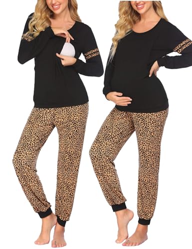 Image of Ekouaer Maternity & Nursing Pajamas Sets Long Sleeve Breastfeeding Top & Bottom Pregnant with Jogger Pants for Hospital Brown Leopard