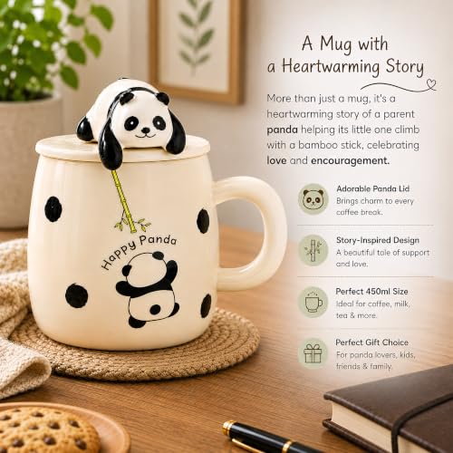 Image of BonZeal Panda Mug 450 ML Ceramic Coffee Mug with Lid & Spoon Gift for Kids