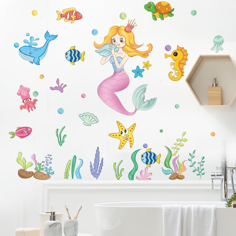 Image of Sea Mermaid Ocean Theme Wall Stickers for Kids Baby Girl Wall Stickers for Kids Room Bedroom Bathroom Playroom Nursery Living Room Decor Wall Art Nursery Kids Room Decoration Boho