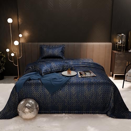 Image of Stoa Paris 300TC UltraSatin Printed Double Bedsheet with 2 Pillow Covers, Gentle on Skin & Hair, Wrinkle & Fade Resistant, Aesthetic Home Decor, Gift for Couple, Starlit Night - Navy (228cm x 254cm)