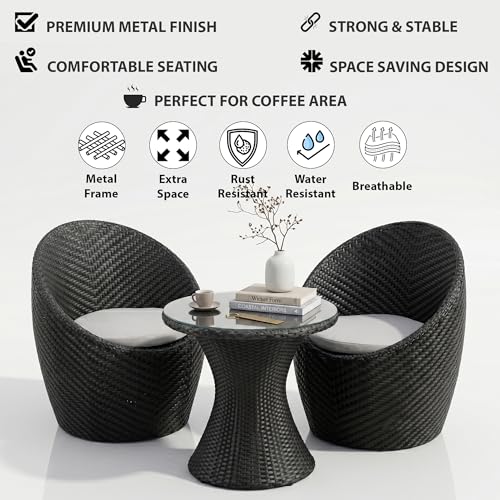 Image of OUTLIVING Outdoor Two Seater Rattan & Wicker Conversation Mudda Set | UV & Water Resistant Patio & Garden Furniture Set with 2 Cushioned Chairs & Glass Top Center Table | Black & White