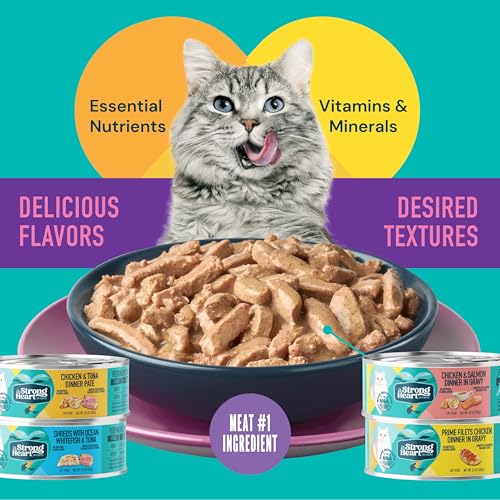 Image of A Strong Heart Wet Cat Food Variety Pack, 4 Flavor Chicken & Seafood Pates & Shreds in Gravy Recipes, Made with Real Chicken & Fish, Made in The USA, 5.5oz Can (40 Count)